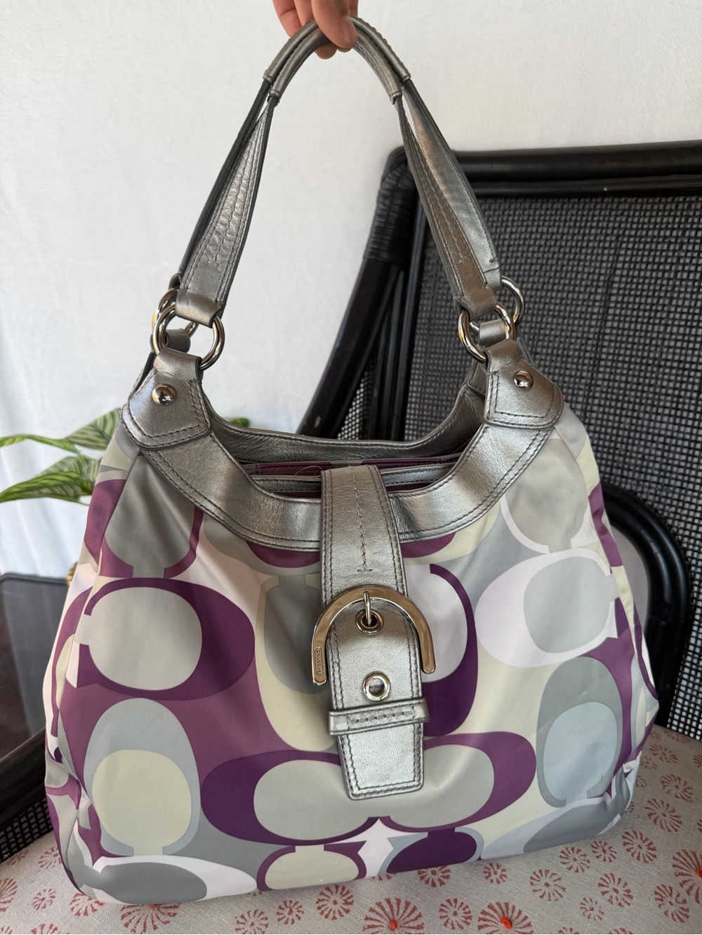 Metallic Silver Handle Purple Patterned Tote Bag